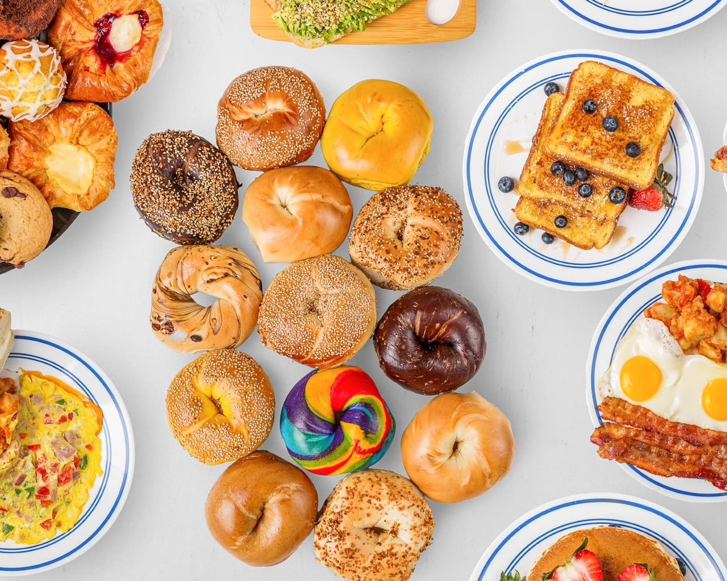 Howard Beach Bagel Cafe breakfast spread with bagels and griddle favorites